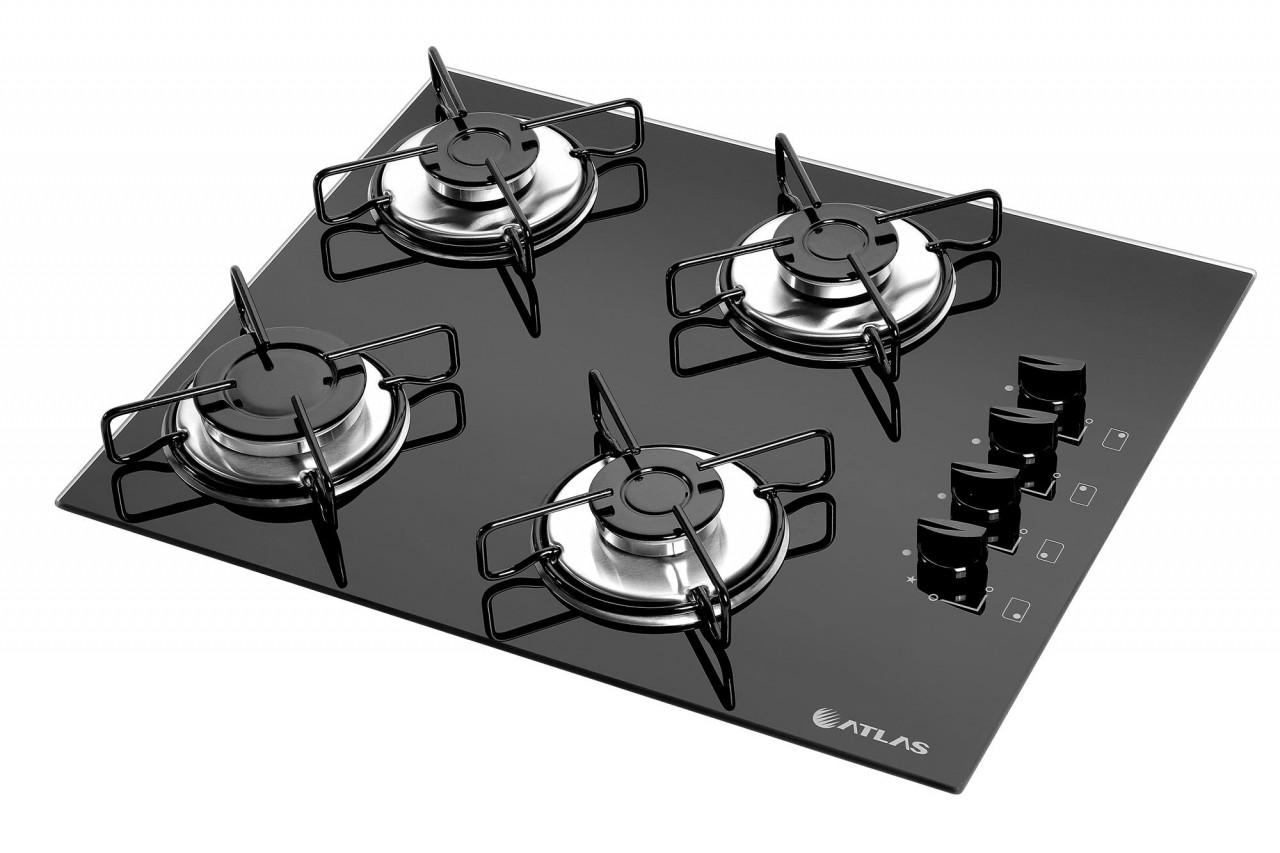 Cooktop Vidro 4Q Gás Preto Agile 14 Atlas Click Inox